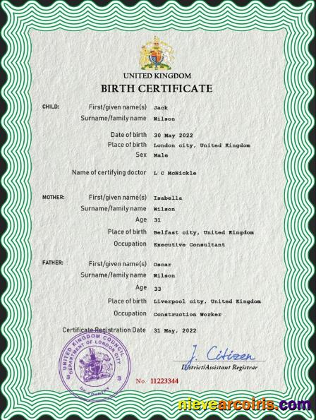 United Kingdom birth certificate